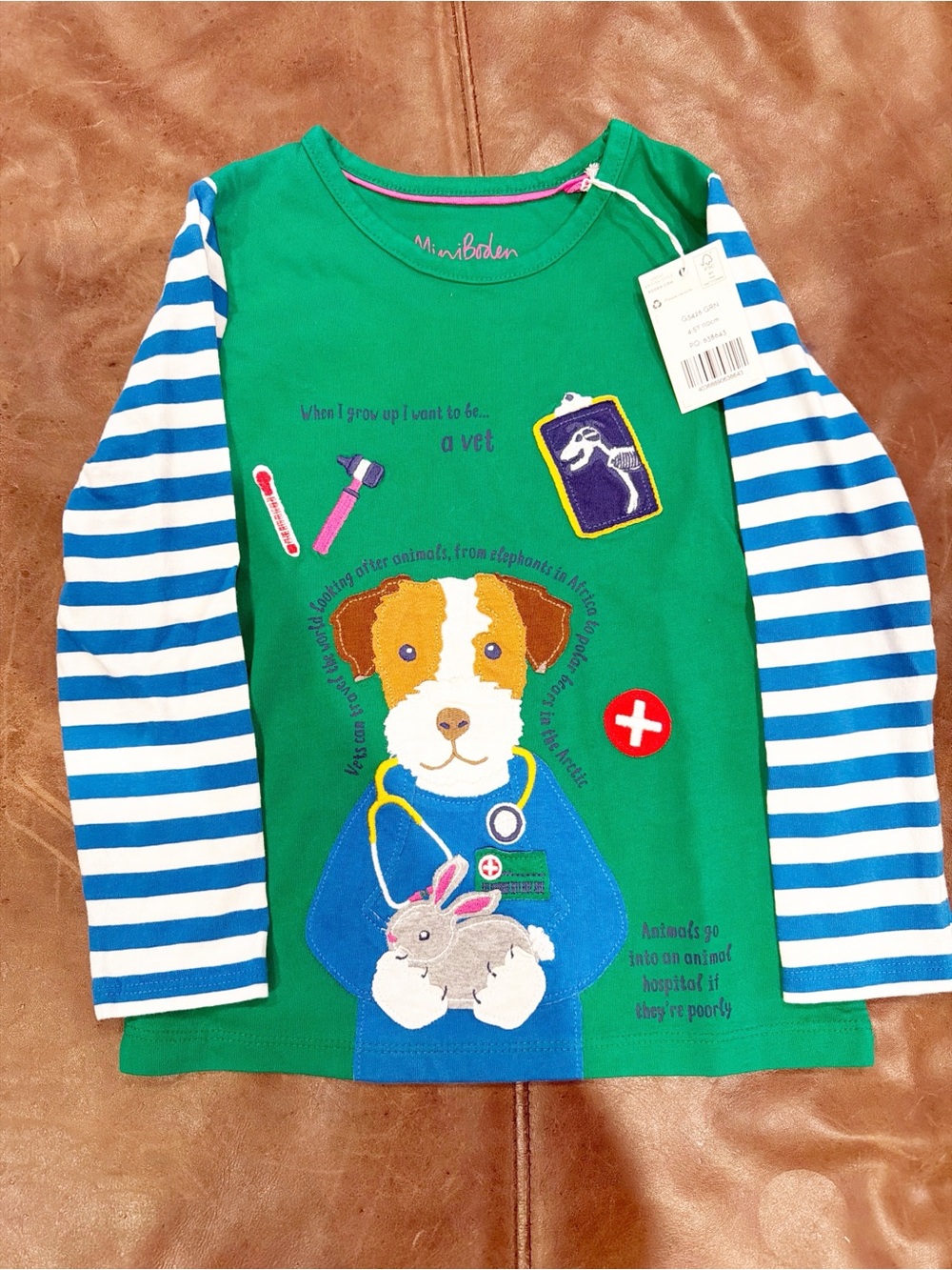 Mini Boden Green Long-Sleeve Vet Appliqué Top with Blue-White Striped Sleeves
